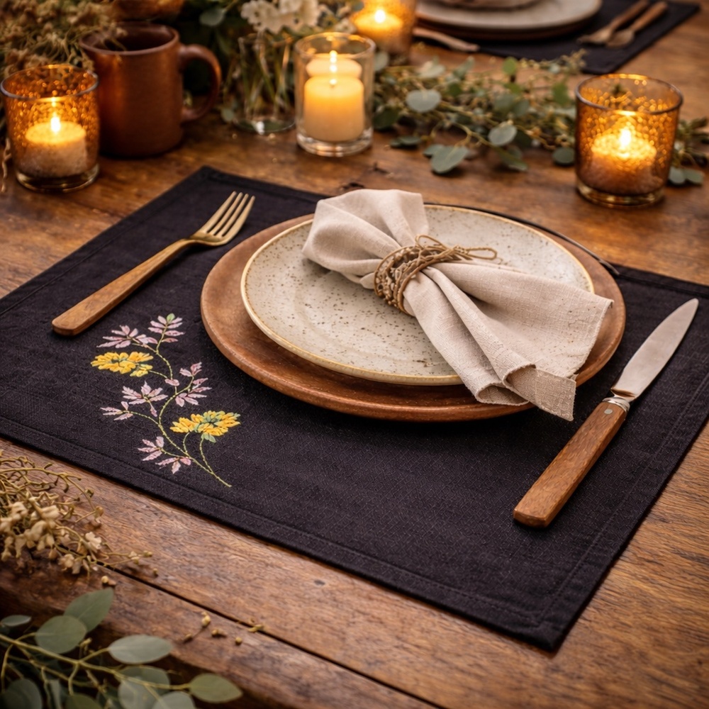 Lintex Black Embroidered Cotton Placemats Set of 4 Floral 19x13 NWT